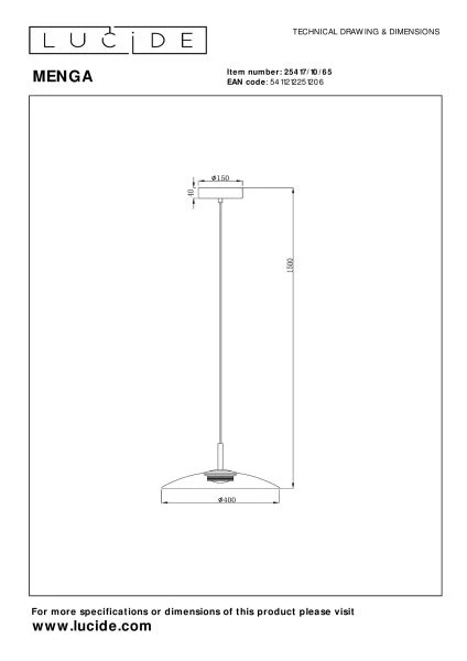 Lucide Premium MENGA - Suspension - Ø 40 cm - LED Dim. - 1x11W 2700K - Fumé - technique